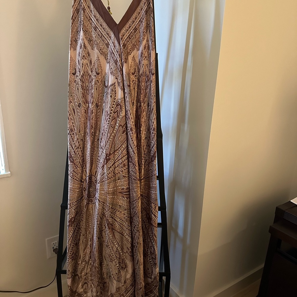 White Lotus Brown printed  Italian Silk halter dress - one size